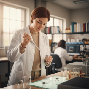 Científica trabajando en laboratorio, representación de mujeres líderes en ciencia y tecnología