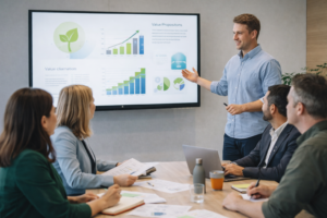 Emprendedores participando en una reunión colaborativa del programa Emprenergía RM para desarrollar soluciones de sostenibilidad y transición energética en la Región Metropolitana.